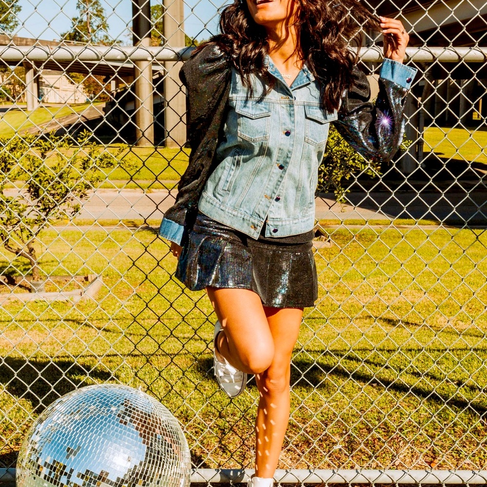 Sz M Queen of Sparkles denim jacket with sequin puff sleeves